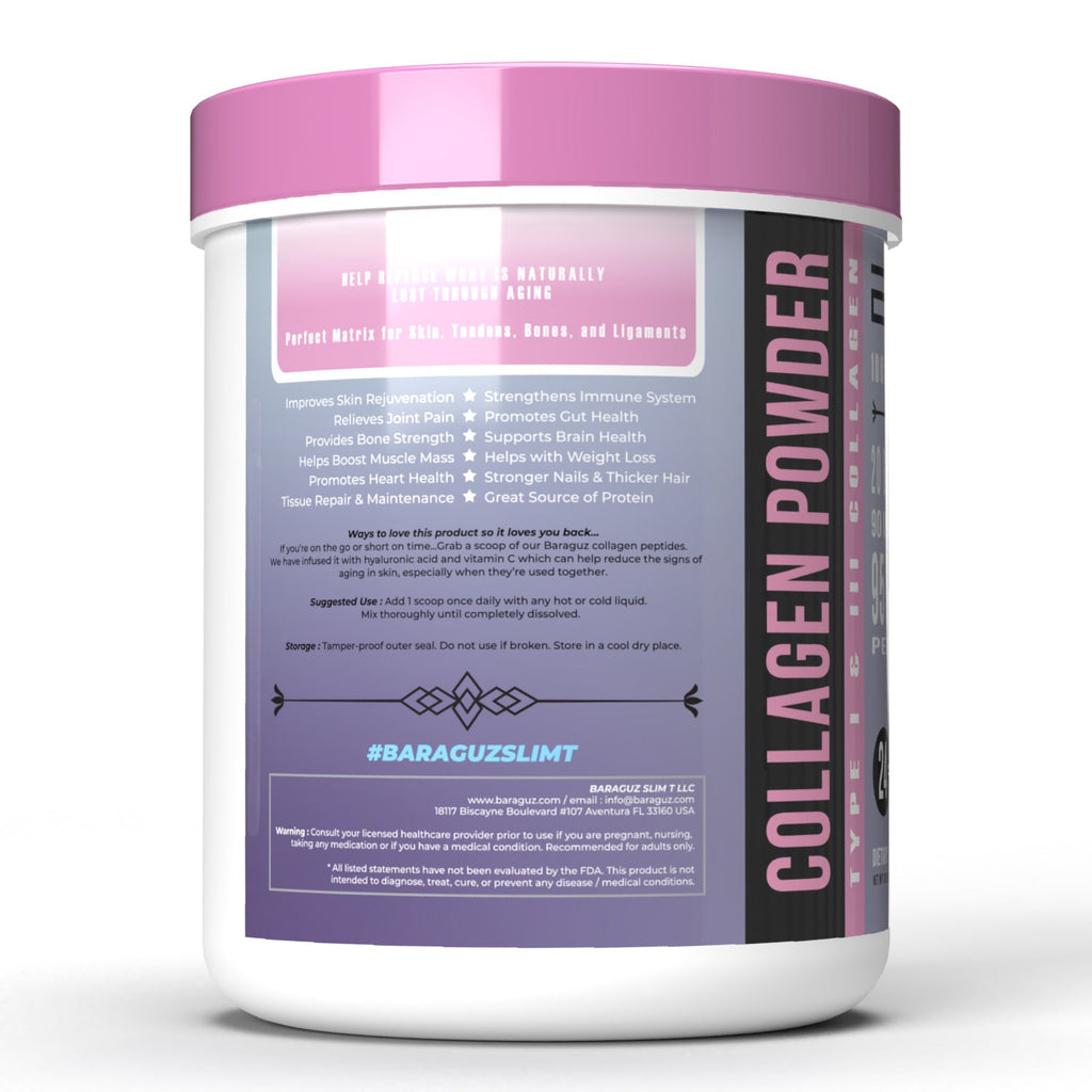 Baraguz Premium Bovine Collagen Peptides w/ Hyaluronic Acid + Vitamin C (Type I & III Collagen Powder)